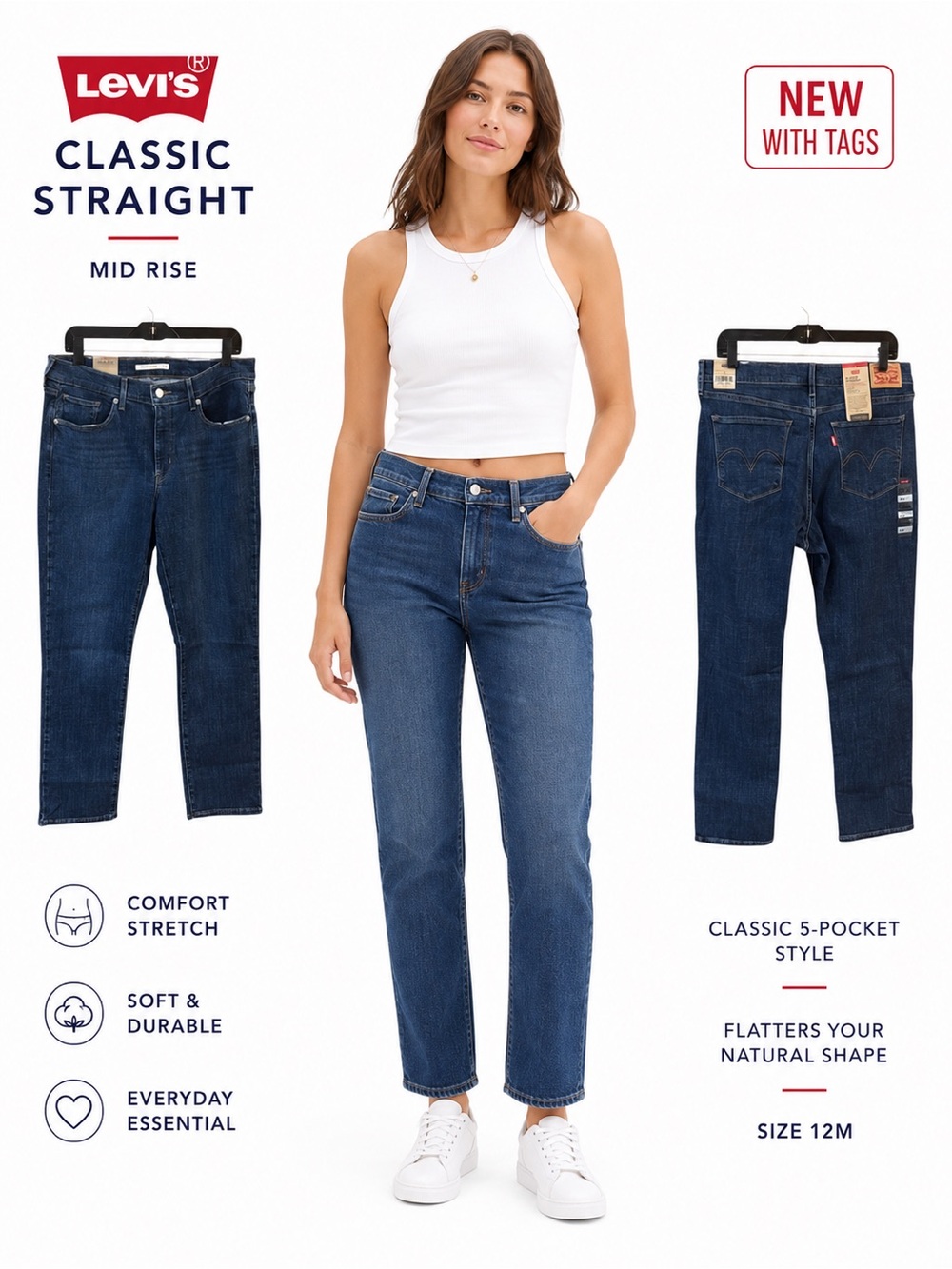 Levi's straight Jeans Blue mid rise easy through the hip and thigh sz 12 NWT